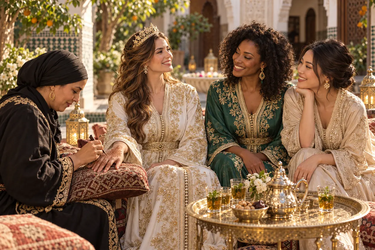 An international bride sharing a Moroccan henna gathering with friends