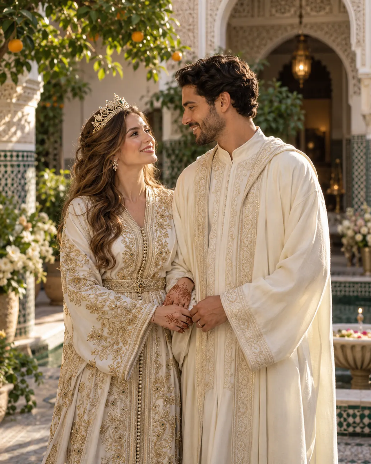 An international couple in ivory Moroccan wedding attire holding hands in a sunlit riad courtyard