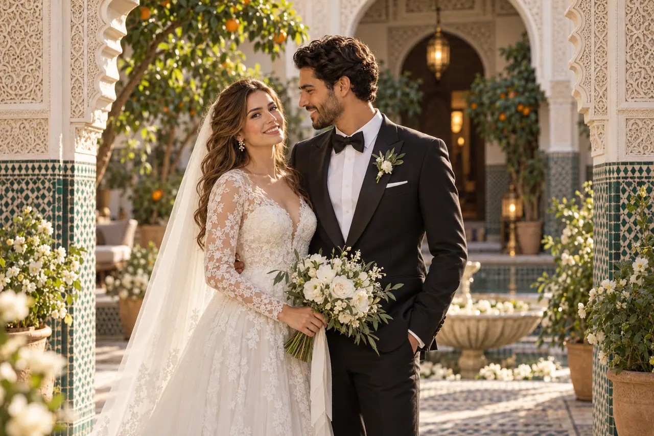 An international bride in an ivory wedding gown with her partner beneath a carved Moroccan riad arch